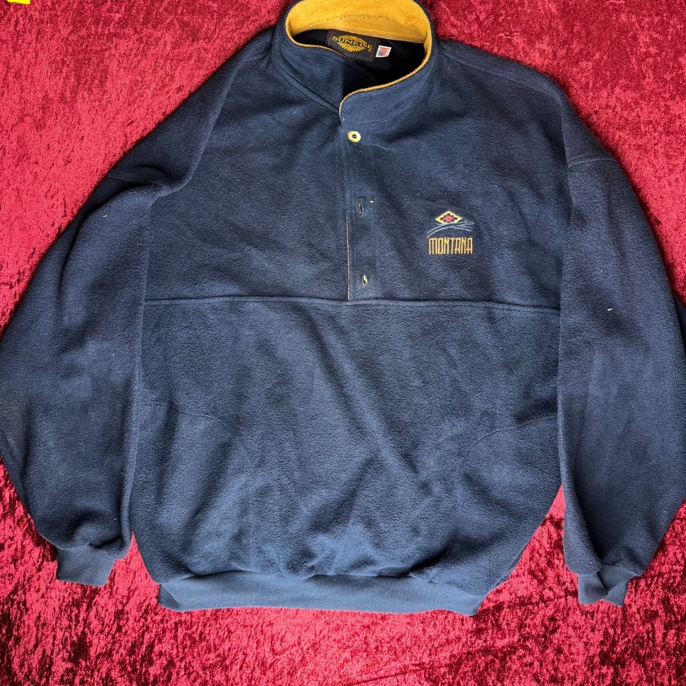 Sunrise Fleece Sweater Mens Navy Embroidered Montana Logo Long Sleeve 1/2 Button